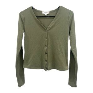 Pink Rose Green Cropped Button Down Long Sleeve Crop Top Size S